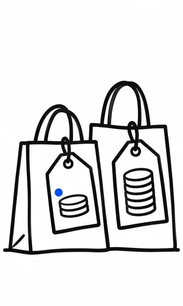 Two black-outlined shopping bags stand side by side on a short baseline, each with a hanging price tag.