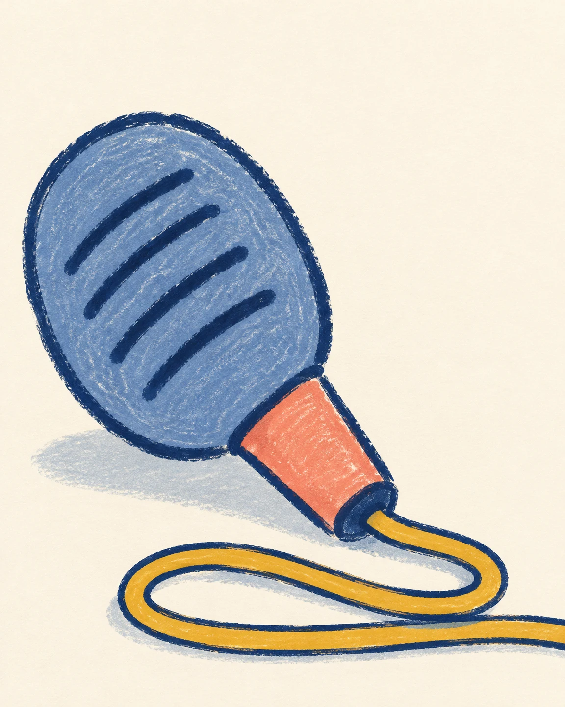 A hand-drawn pastel illustration of a large blue broadcast microphone lying diagonally on warm ivory paper, with a short coral handle, a mustard cable loop…