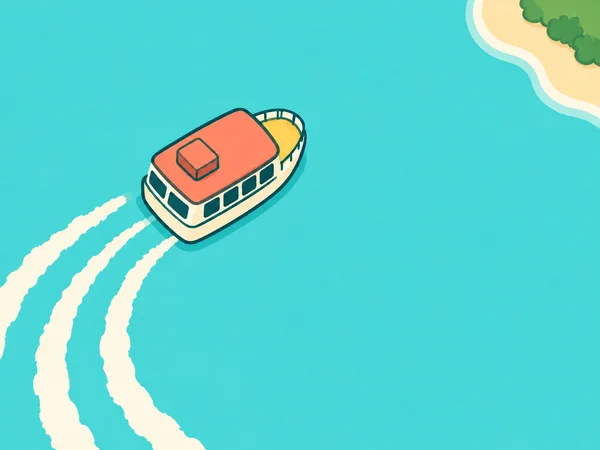 A small cream passenger ferry with a coral roof and yellow bow deck crosses turquoise water, leaving three curved cream wakes; a sandy, green-edged shoreline…