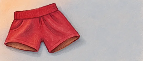 A hand-drawn illustration of carmine shorts lying at an angle on a pale slate-gray surface, with bronze-toned inner hems, a broad waistband, and open space to…