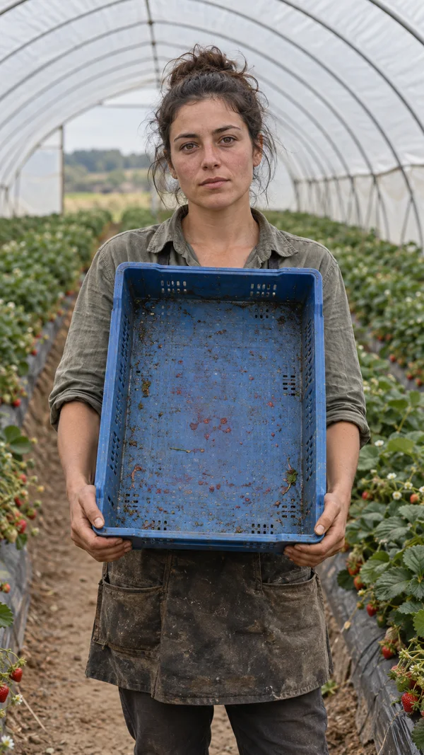 A woman in a worn shirt and harvest apron stands in a strawberry polytunnel, holding a large blue plastic tray upright against her torso.