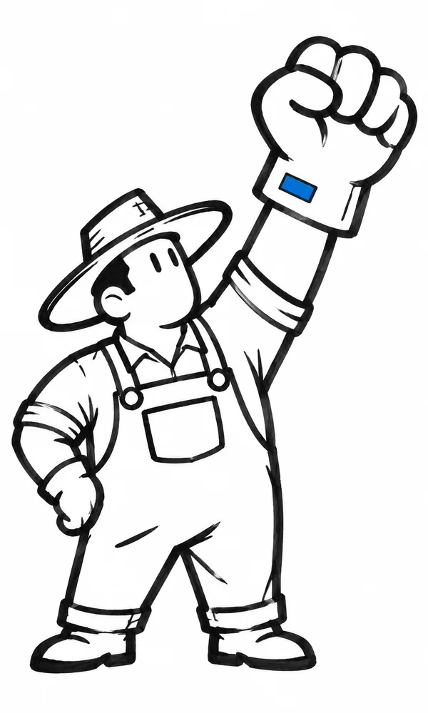 A black marker-style illustration of a grower in a broad-brimmed hat and bib overalls, raising a large gloved fist with a blue cuff patch against a white…