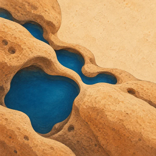 A close editorial illustration of rounded ochre sandstone forms with deep cobalt-blue water in connected pores; a large pool-like opening fills the lower-left…