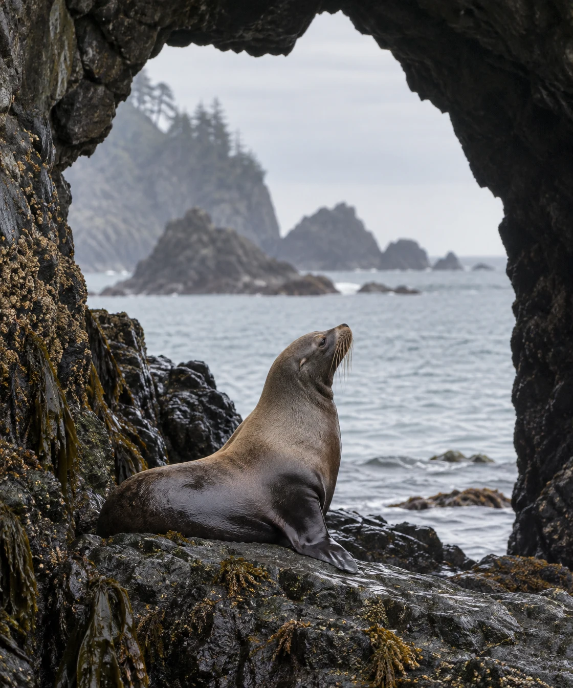 A sea lion rests on wet dark rocks inside a sea cave, its head raised toward the pale opening and calm water beyond; barnacles and kelp cover the foreground…