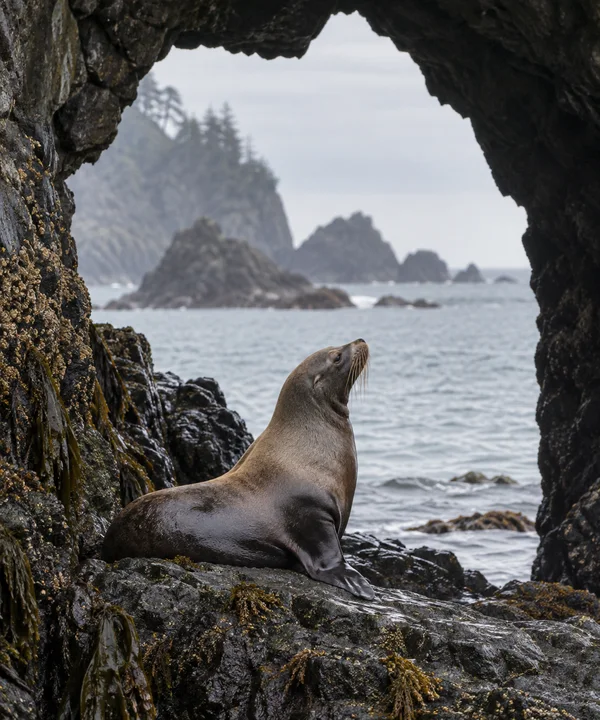 A sea lion rests on wet dark rocks inside a sea cave, its head raised toward the pale opening and calm water beyond; barnacles and kelp cover the foreground…