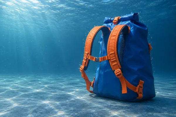 A cobalt-blue backpack with orange shoulder straps stands underwater on a blue tank floor, with small bubbles around it and open water to the left.