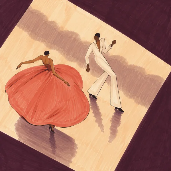 A top-down marker illustration of two dancers on a diagonally tilted champagne-colored floor against a deep plum border: one wears a voluminous coral skirt…