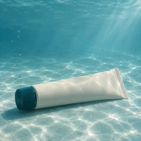 An unmarked ivory tube with a dark teal screw cap lies on a rippled aqua floor underwater, with a vertical trail of bubbles beside the cap and open water above.