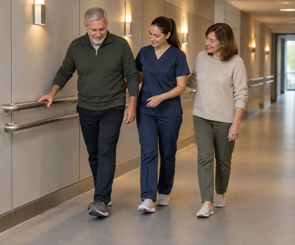 Three adults walk together along a warmly lit corridor with stainless-steel handrails; a man in a dark sweater holds the rail while a healthcare worker in navy…