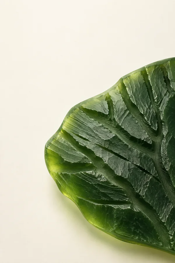 A large, dark jade-green carved resin form with branching grooves and translucent yellow-green edges extends in from the right and bottom over a warm ivory…
