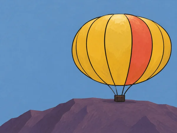 A broad, squat hot-air balloon with golden-yellow panels and one coral-red panel rests on a muted-plum mountain ridge beneath a blue sky, with a small dark…