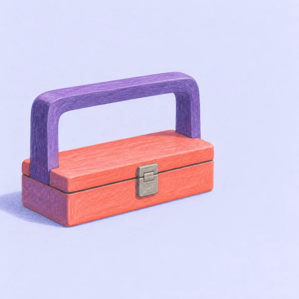 A closed coral toolbox with a tall, thick violet arch handle and a broad central latch sits against a pale lavender paper background, with a cool shadow to the…