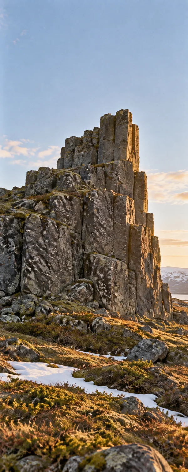 A tall, stepped columnar rock outcrop rises above moss, low shrubs, grasses and patches of snow, with a pale blue sky and warm low sunlight along its…