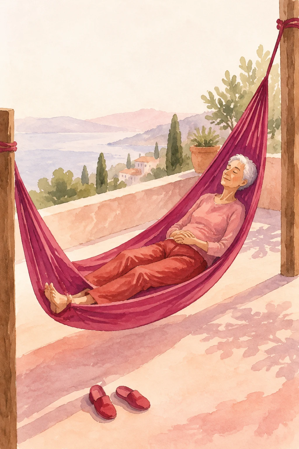 An older person with short silver hair reclines with hands on their belly in a long magenta hammock strung between timber posts on a sunlit terrace.