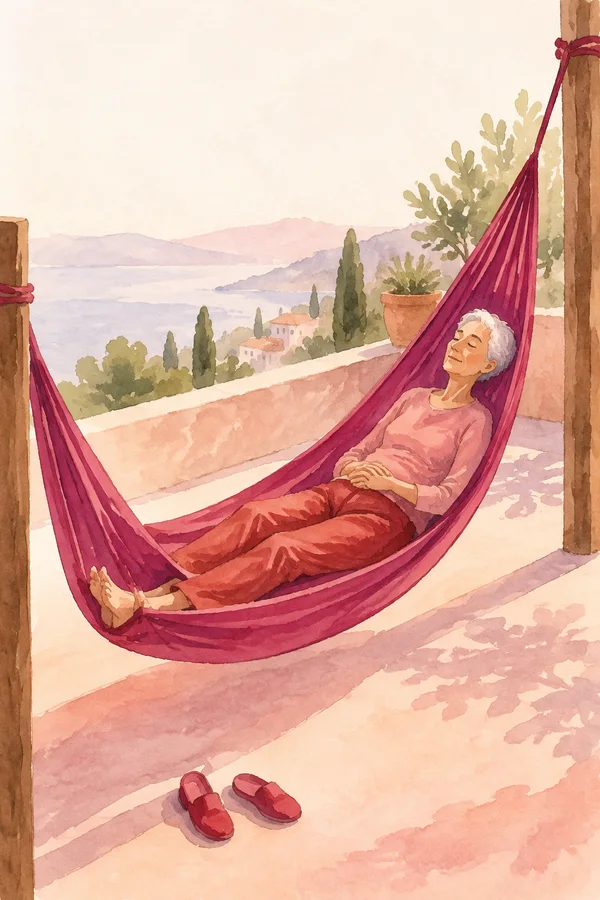 An older person with short silver hair reclines with hands on their belly in a long magenta hammock strung between timber posts on a sunlit terrace.