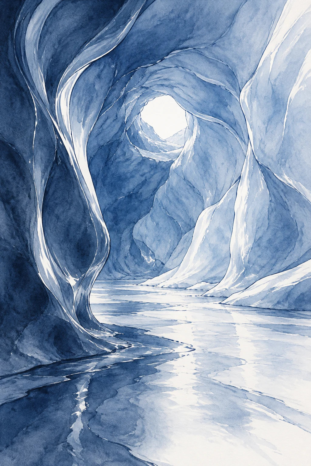 A blue ink-and-wash illustration of a glacial ice cave, with sculpted curved walls and a smooth frozen floor leading toward a bright opening in the distance.