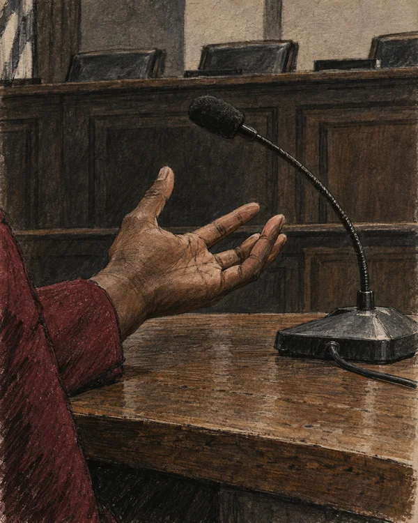 A brown-skinned hand in a burgundy sleeve gestures palm-up beside a gooseneck microphone on a worn wooden table, with empty bench seats in the background.