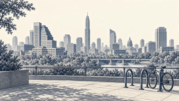A detailed navy stipple illustration of a city skyline beyond a tree-lined river and bridges, with a paved plaza, three bicycle racks and two bicycles in the…