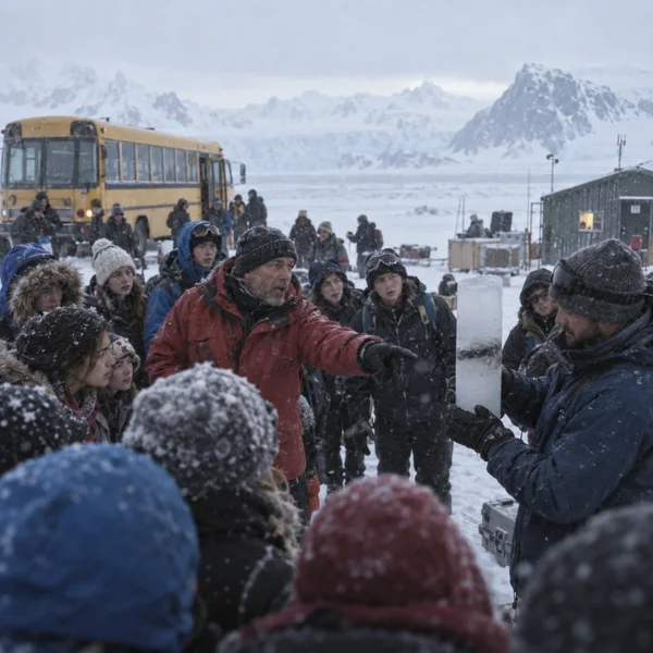 A bundled crowd gathers in a snowy polar field beside a yellow bus and research hut.