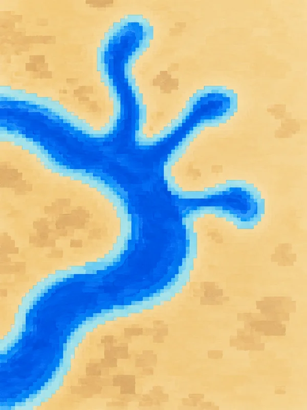 A broad cobalt-blue river with pale aqua edges winds across a warm sand-coloured floodplain and branches into three stepped arms, with scattered blocky marks…