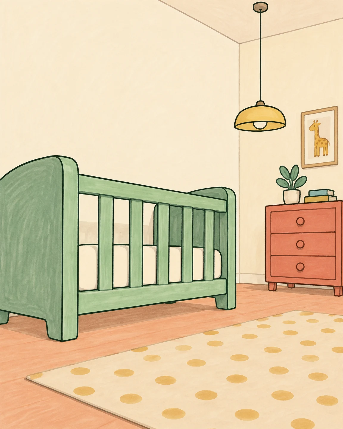 A large mint-green crib with a cream mattress fills the left foreground of an illustrated nursery.