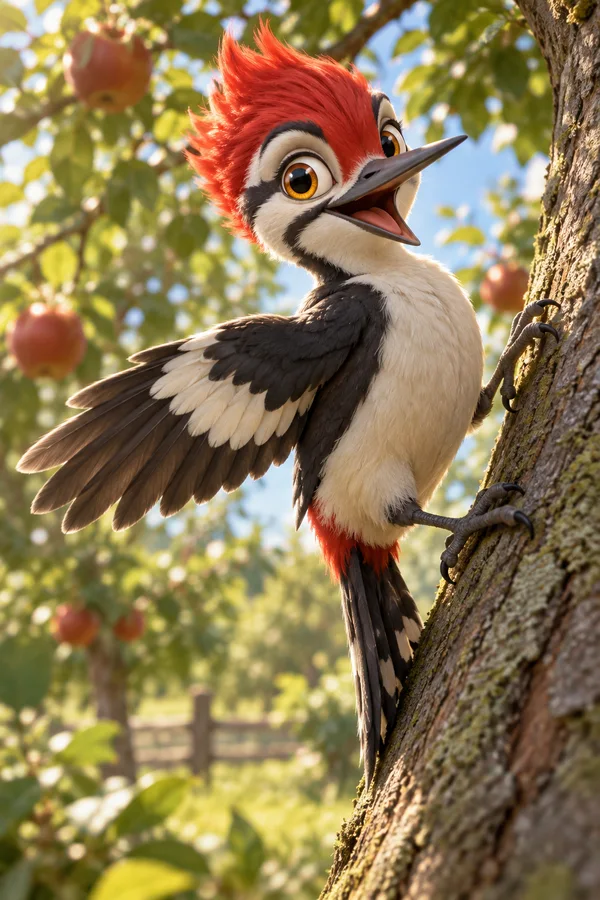 A wide-eyed woodpecker with a scarlet crest clings to an apple-tree trunk, its beak open and one wing extended; blurred foliage and apples fill the sunlit…