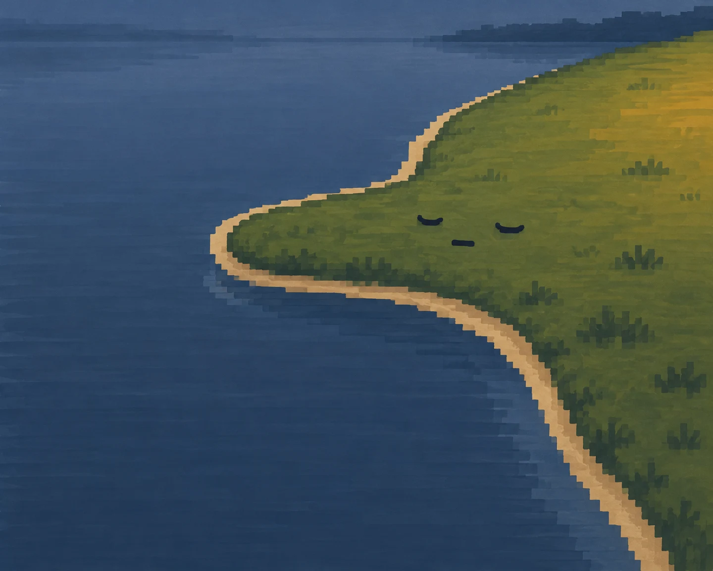 A personified olive-green shoreline with two sleepy eyes and a short mouth extends left into slate-blue water, bordered by a sand-coloured edge.
