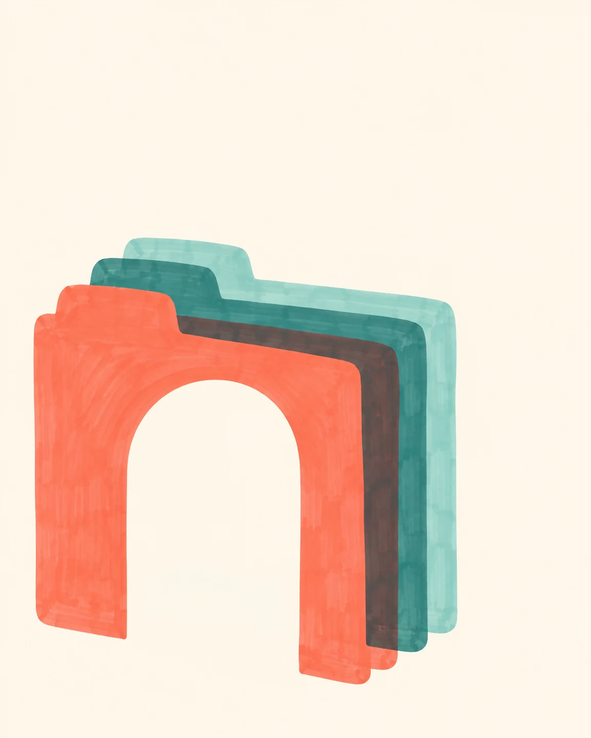 Three overlapping translucent file sheets, with a coral sheet in front of teal sheets, form a large arch-shaped opening against a warm ivory background.
