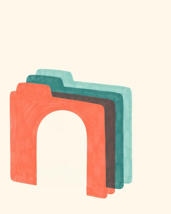 Three overlapping translucent file sheets, with a coral sheet in front of teal sheets, form a large arch-shaped opening against a warm ivory background.