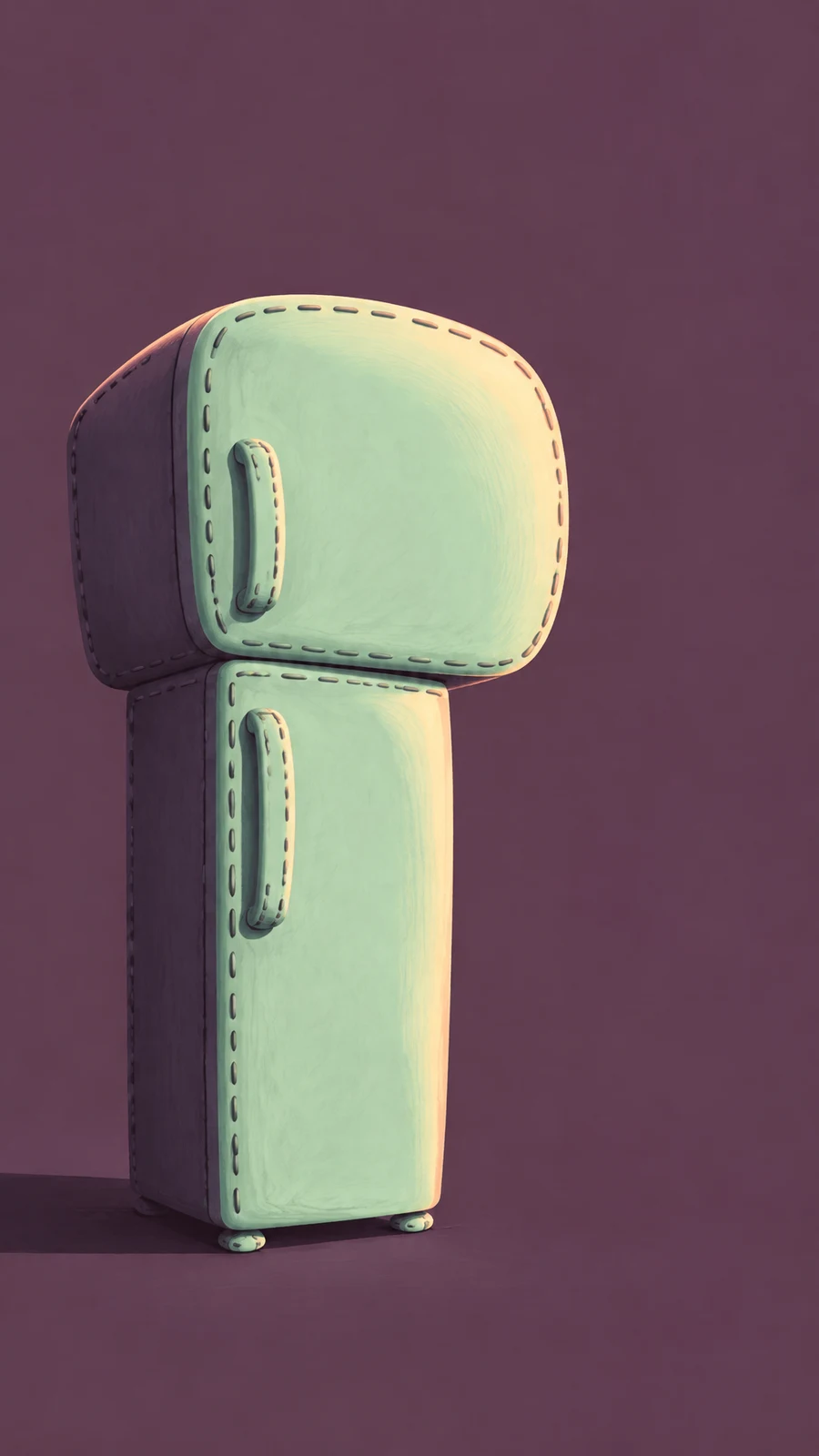 A pale mint refrigerator with an oversized rounded freezer, two curved handles and dark stitch-like dashes stands in three-quarter view against a plum…