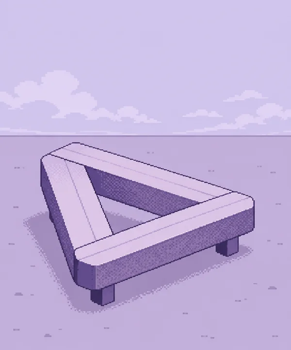 A chunky pixel-art bench made from three broad planks sits on a pale lilac ground beneath a cloudy sky, casting a pixelated shadow.