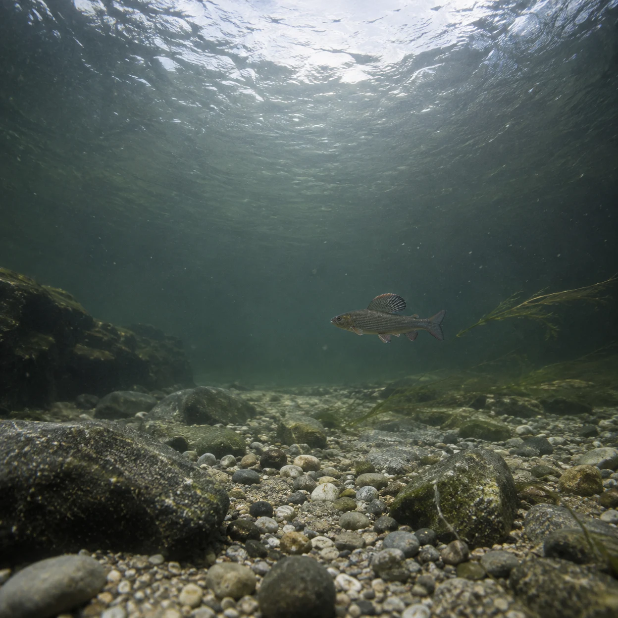 A grayling hovers slightly right of centre above a gravel riverbed scattered with smooth stones and strands of water weed, beneath a bright rippling surface in…