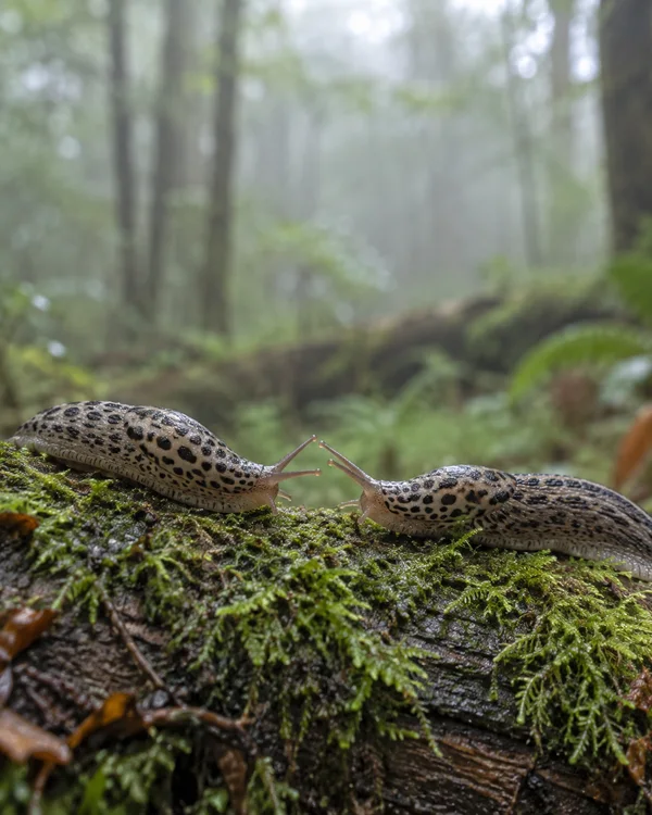 Two pale, dark-spotted slugs face one another on a moss-covered fallen log, with their extended tentacles nearly touching and a softly blurred woodland behind…