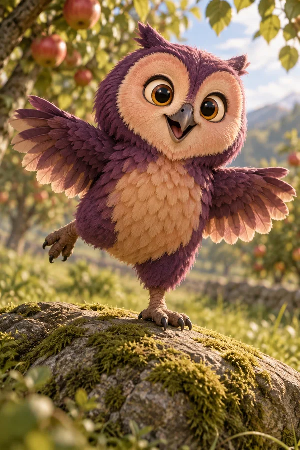 A plush-looking purple-and-apricot owl balances on one foot atop a moss-covered stone, spreading its wings in a sunlit orchard with apples and leafy branches…