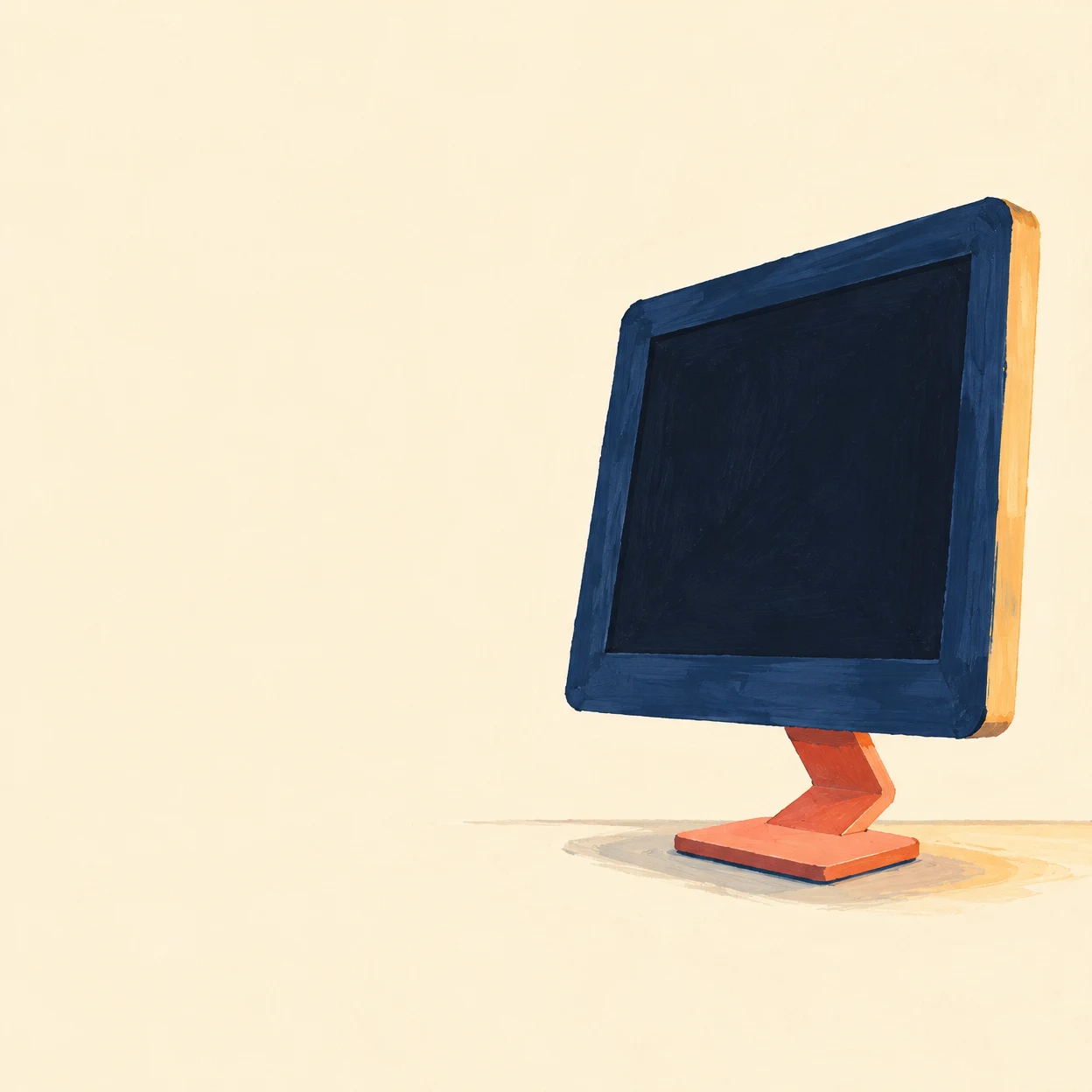 A painterly navy all-in-one desktop computer with a blank dark screen stands on a coral angular support and base at the right of a warm cream square image…