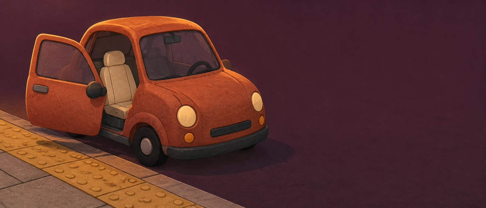 A squat orange terracotta car with its near-side door open sits on a paved surface beside an ochre tactile strip.