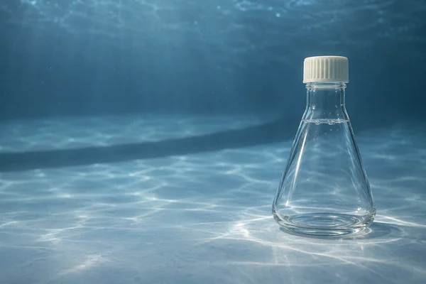 A clear glass Erlenmeyer flask with a ribbed ivory cap stands on a pale blue floor in a blue-toned underwater setting, with bright water caustics and open…