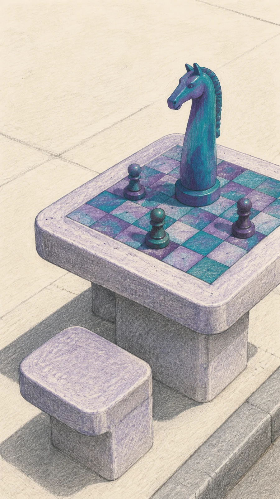 A tall teal-and-violet horse-headed chess knight and three round pawns sit on a checkerboard inset into a pale concrete table, viewed from above at an angle.