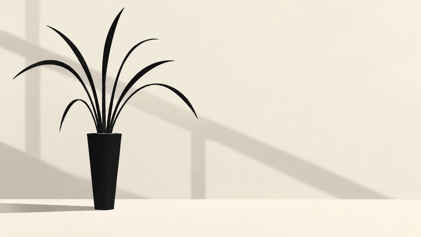 A black silhouetted chive plant with seven long, curved leaves stands in a tall tapered pot on a warm ivory surface, crossed by diagonal window-frame shadows…