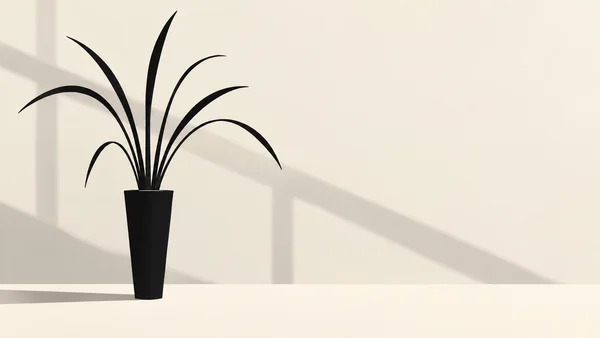 A black silhouetted chive plant with seven long, curved leaves stands in a tall tapered pot on a warm ivory surface, crossed by diagonal window-frame shadows…