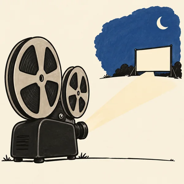 A large dark vintage film projector with two oversized reels sits at lower left, casting an ivory beam toward a blank outdoor screen at upper right.