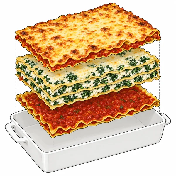An exploded lasagna assembly floats above a white rectangular ceramic baking dish: a tomato-sauce layer at the bottom, several pasta layers with ricotta and…