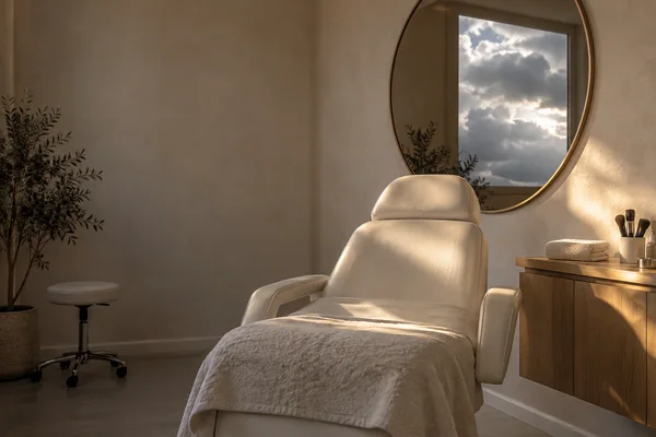 A cream treatment chair with a folded blanket sits beneath a large oval mirror reflecting a cloudy sky in a quiet beauty studio.