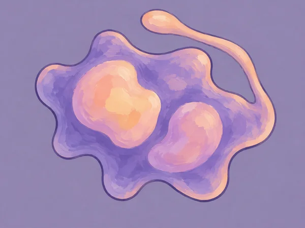 An overhead editorial illustration of a lobed violet microbe on a muted lavender background, with two peach-toned interior blobs and a long curved peach-tipped…