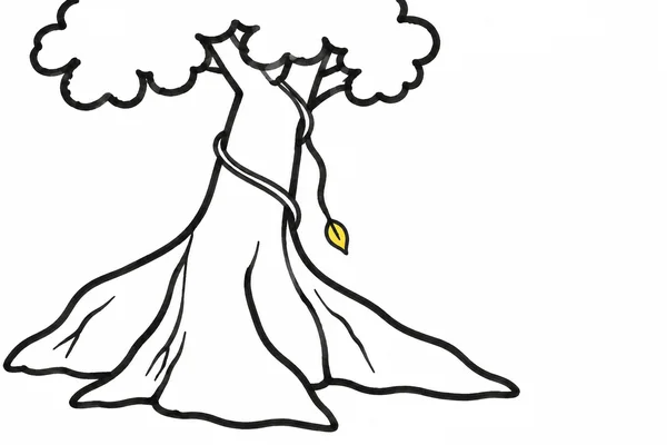 A black marker-style illustration of a broad-rooted tree with a rounded, lobed canopy cropped by the top edge; a vine winds down the trunk to a small yellow…