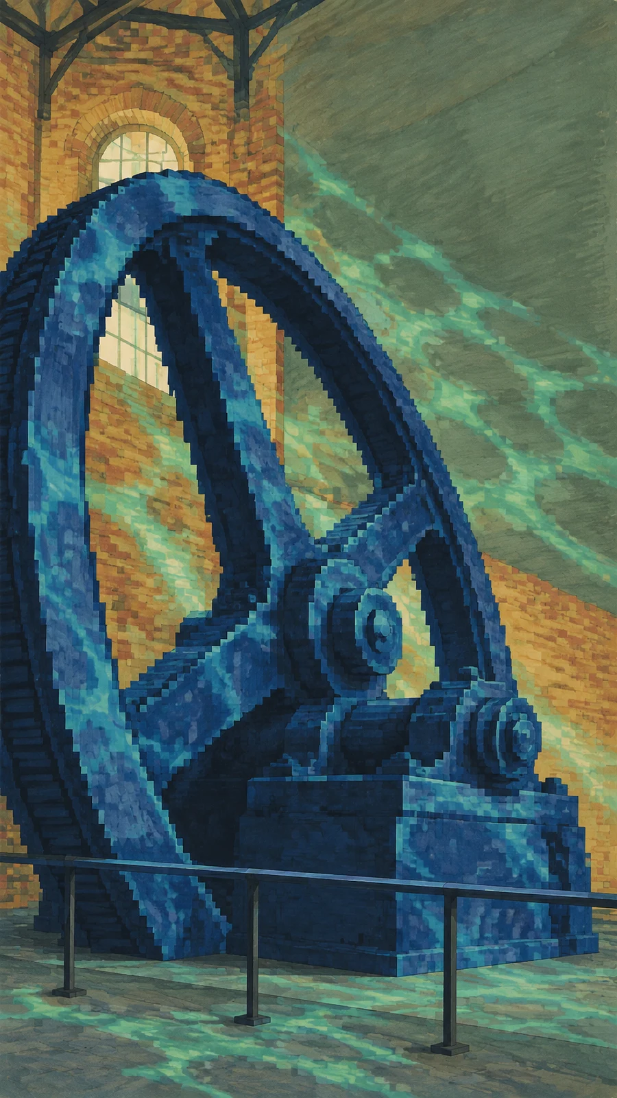 A huge blue-indigo flywheel with thick spokes and a squat machinery base fills an industrial interior.