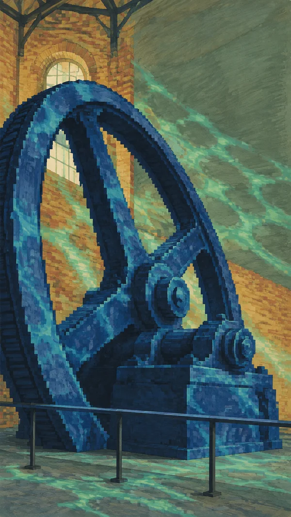 A huge blue-indigo flywheel with thick spokes and a squat machinery base fills an industrial interior.