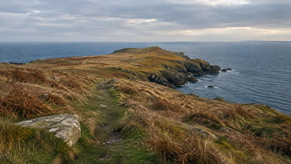 A narrow worn path crosses tawny grass and bracken toward a rocky coastal headland, with a broad weathered stone in the foreground and blue sea beneath a…