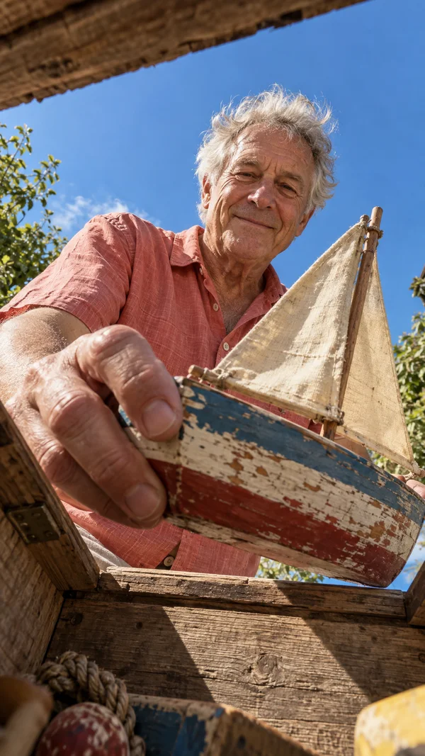 An older man with tousled silver hair and a coral shirt leans over a weathered wooden chest, holding a chipped blue-and-red toy sailboat with a cream fabric…