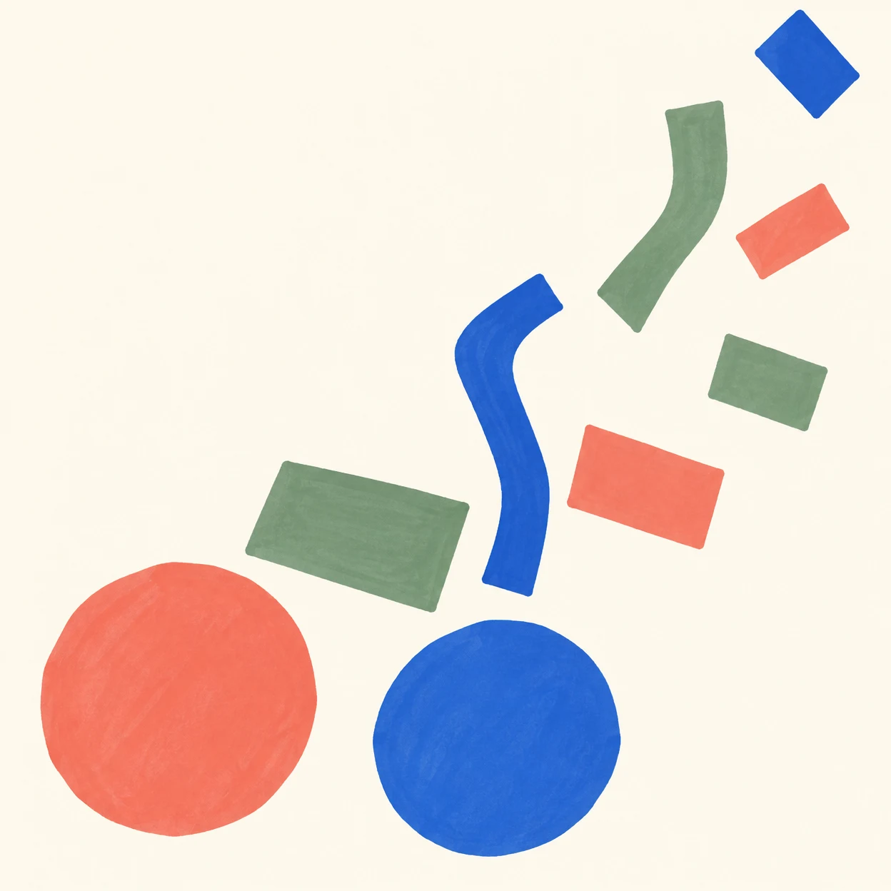 Nine flat coral, cobalt and sage shapes—two large disks, five rectangles and two long bent slivers—form a loose diagonal on a pale cream background, rendered…